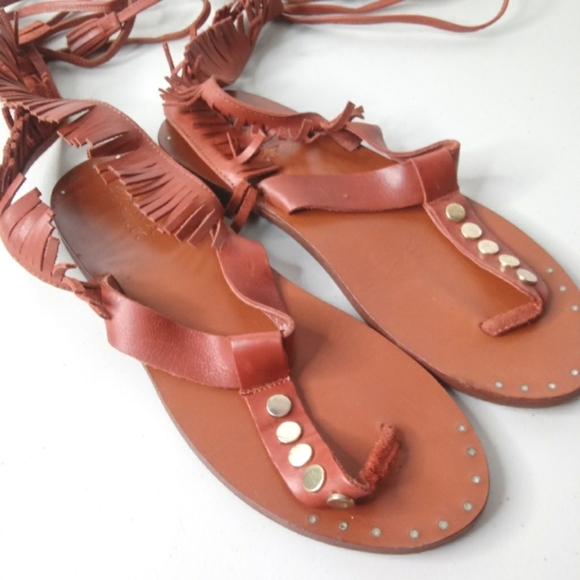 Zara Trafaluc Women's Leather Stud Detail Gladiator Fringe Strappy Flat Sandals - Picture 5 of 11